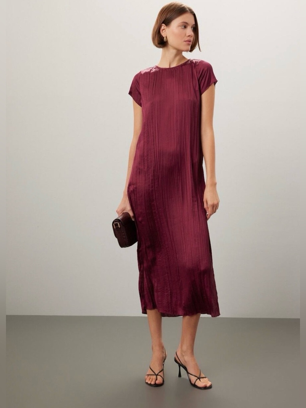 Madewell Plisse Maxi Dress Cabernet Burgundy Slip Dress Short Sleeve SZ Large